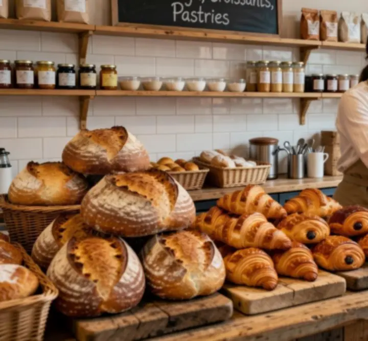 Artisan bakery counter with breads and pastries