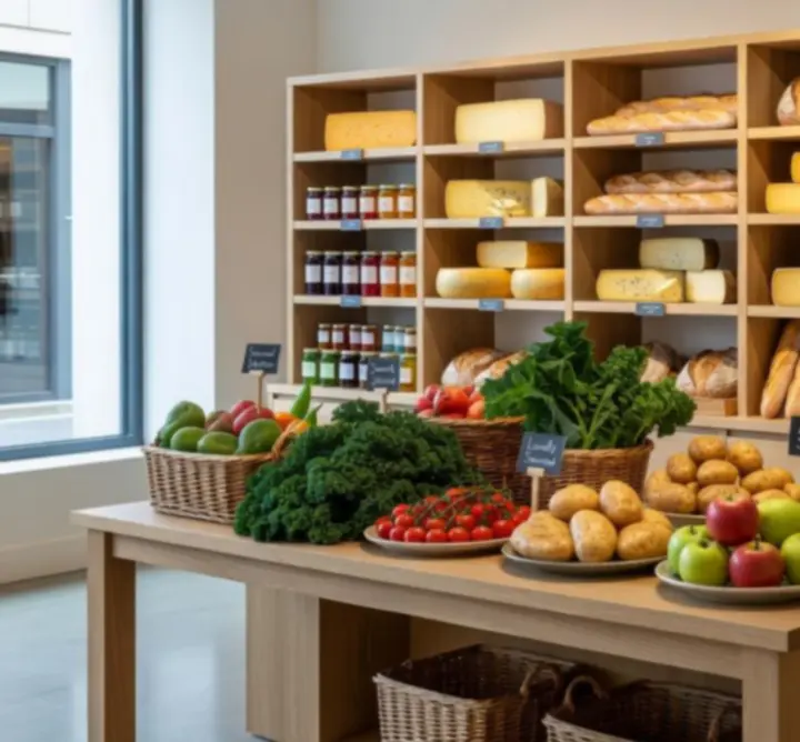 Selection of featured food items including cheeses, breads and gourmet hampers