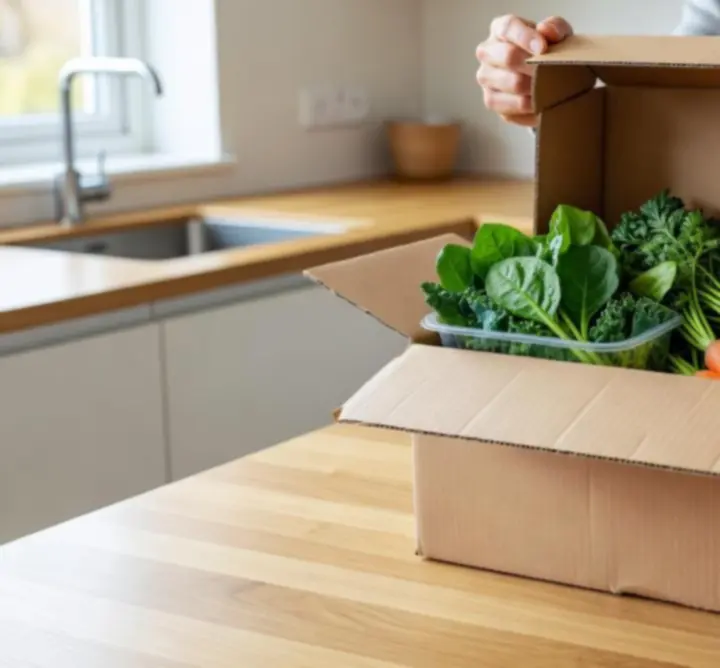Food delivery box opened in a kitchen, showing well-packed specialty items