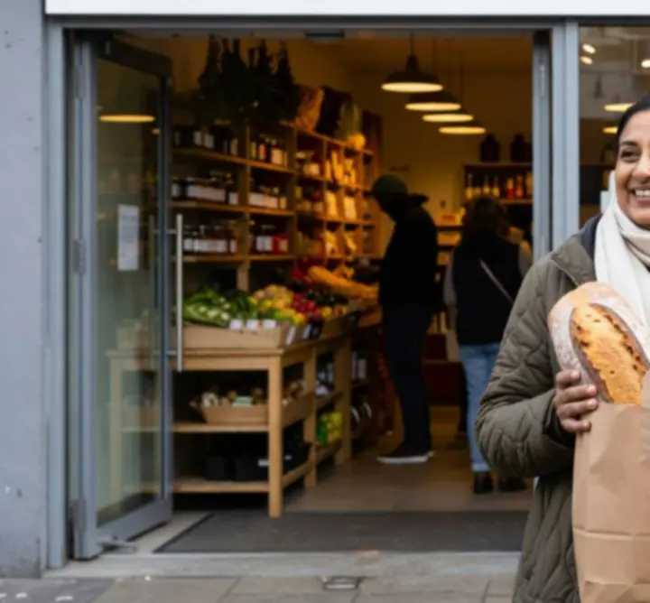 Happy UK customer holding a grocery bag