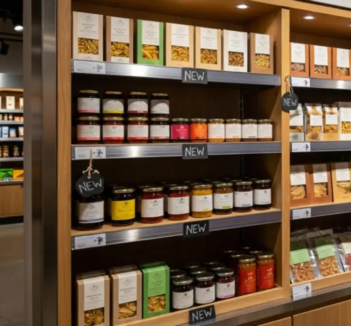 Shelf of new arrival food products at VOODIES LTD