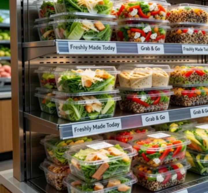 Shelves stocked with ready-to-eat meals and convenience foods